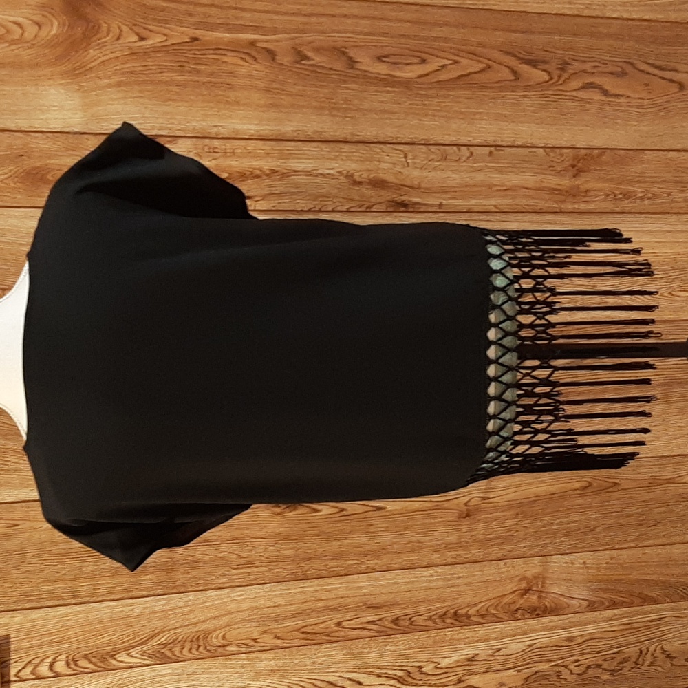 New York & Company Black Fringe Short Sleeve Blouse (Small) - Picture 7 of 10